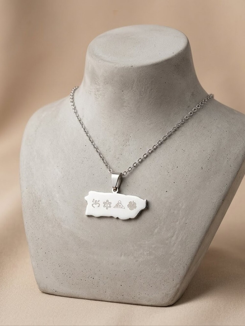Silver State-Shaped Pendant Necklace with Symbol Engravings